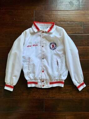 Vintage Canada Sportswear Co. Firefighter Bomber Jacket White Red Embroidered